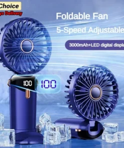 Portable Neck Fan - USB Rechargeable, Foldable, 5-Speed, w/ Phone Stand & AC Display